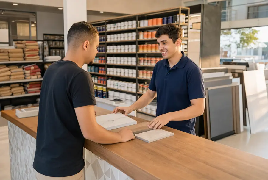 Vendedor e cliente fechando a venda no balcão