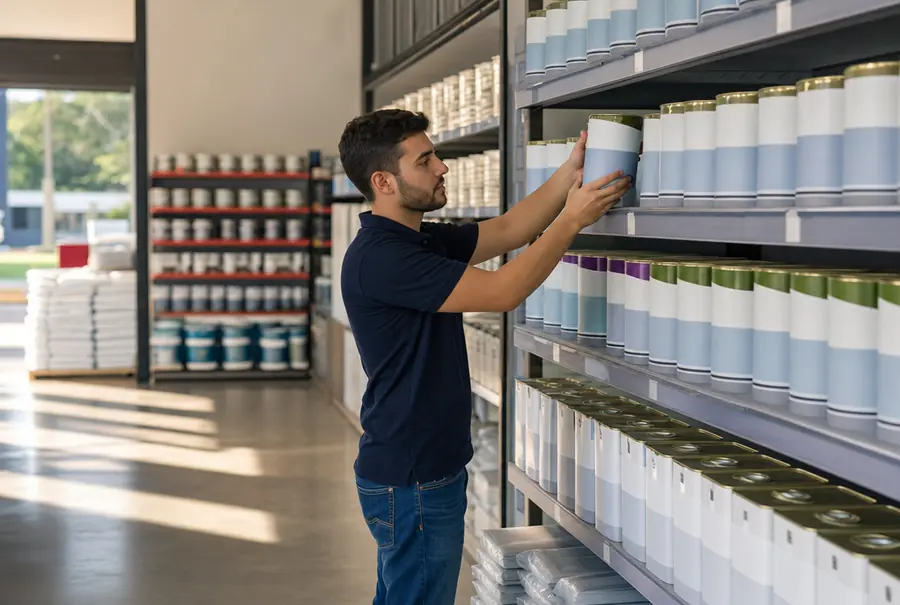 Vendedor pegando a base certa na prateleira de bases alinhadas