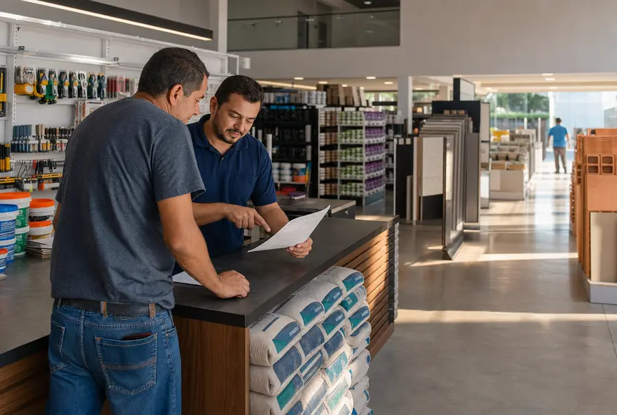 Cliente e vendedor conferindo a lista da obra no balcão