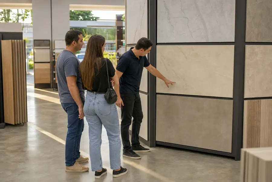 Vendedor e clientes escolhendo o revestimento no showroom