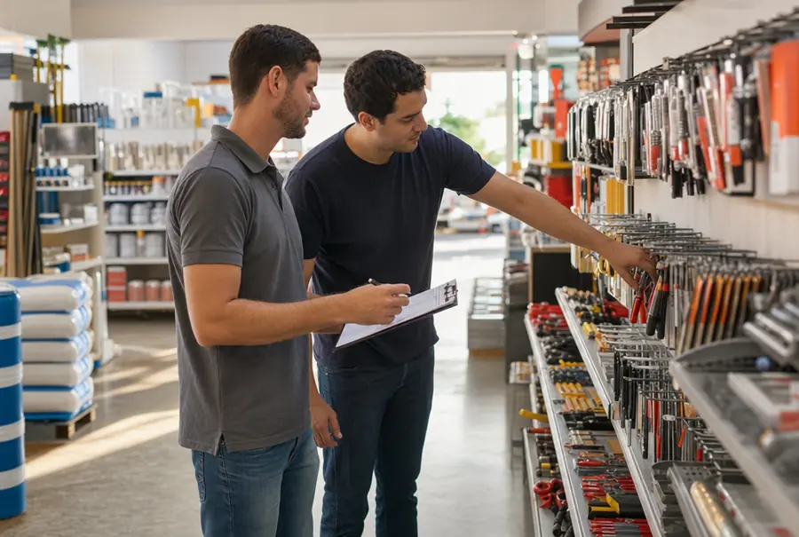 Comprador e repositor conferindo a gôndola juntos